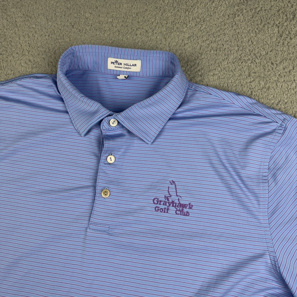 Peter Millar Polo Shirt Mens L Blue Summer Comfort Grayhawk Golf Club Stripe
